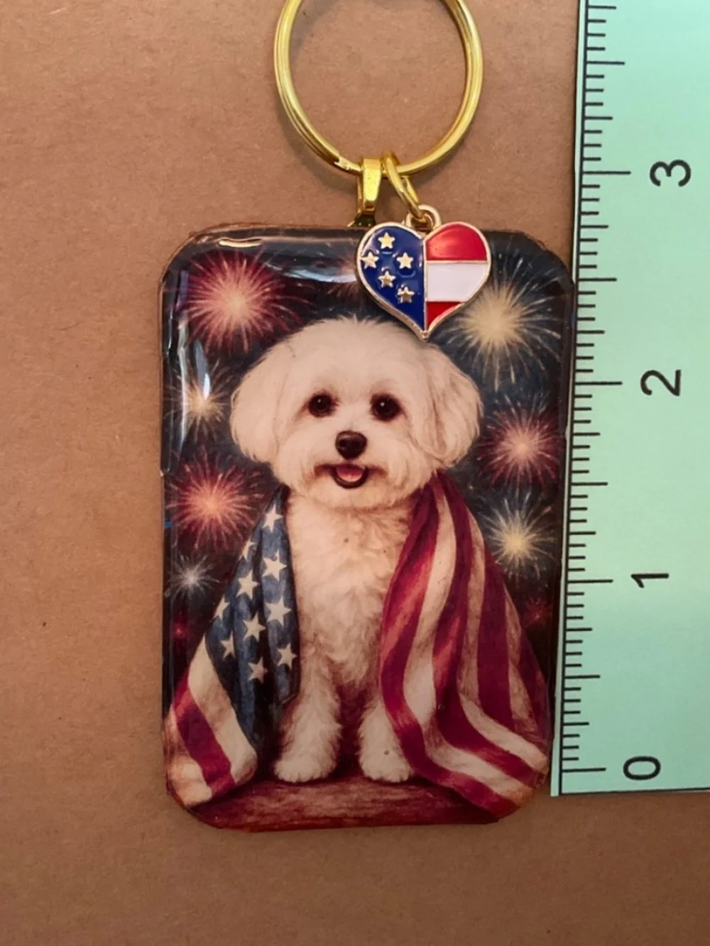 Bichon Frise Patriotic American Flag dog keyring / purse charm handmade by Sally